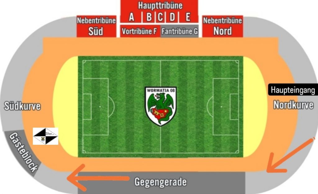 Stadionplan in Worms und der Weg über den Haupteingang, an der Gegengerade vorbei zu unserem Gästeblock.